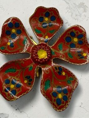 West Germany Metal Hand Painted Flower Enamel Pin Brooch Red 1960s Mod Hippie